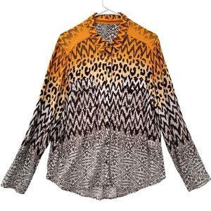 New Directions Womens L Animal Print Button Front Blouse Roll Tab Sleeve Mobwife